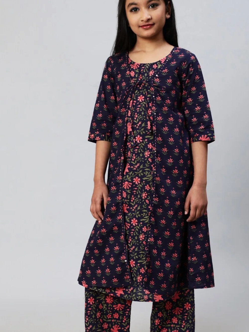 Girls Navy Floral Kurta Set with Pink Accents